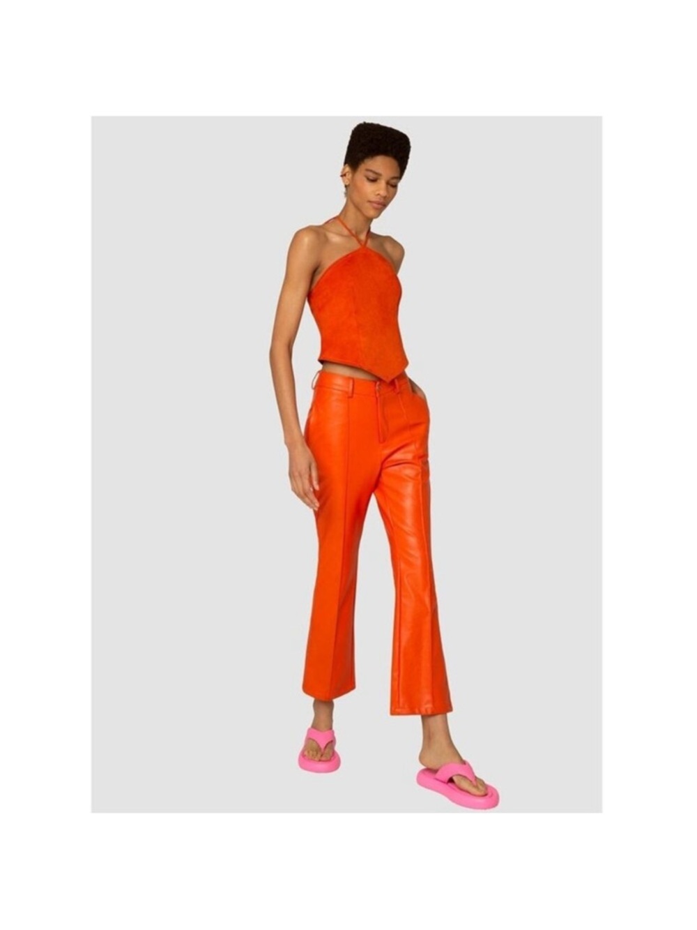 Amy Lynn Amber Faux Leather Flare V Front Trouser Pant Orange Womens Size M - Picture 2 of 10